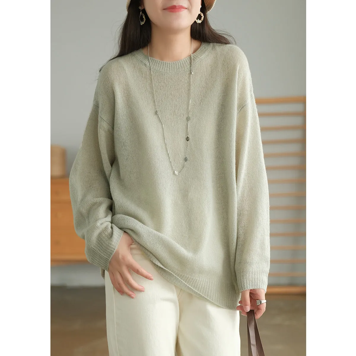 Cashmere White Pullover, Sweater for Women, Crew Neck Long Sleeve Sweater