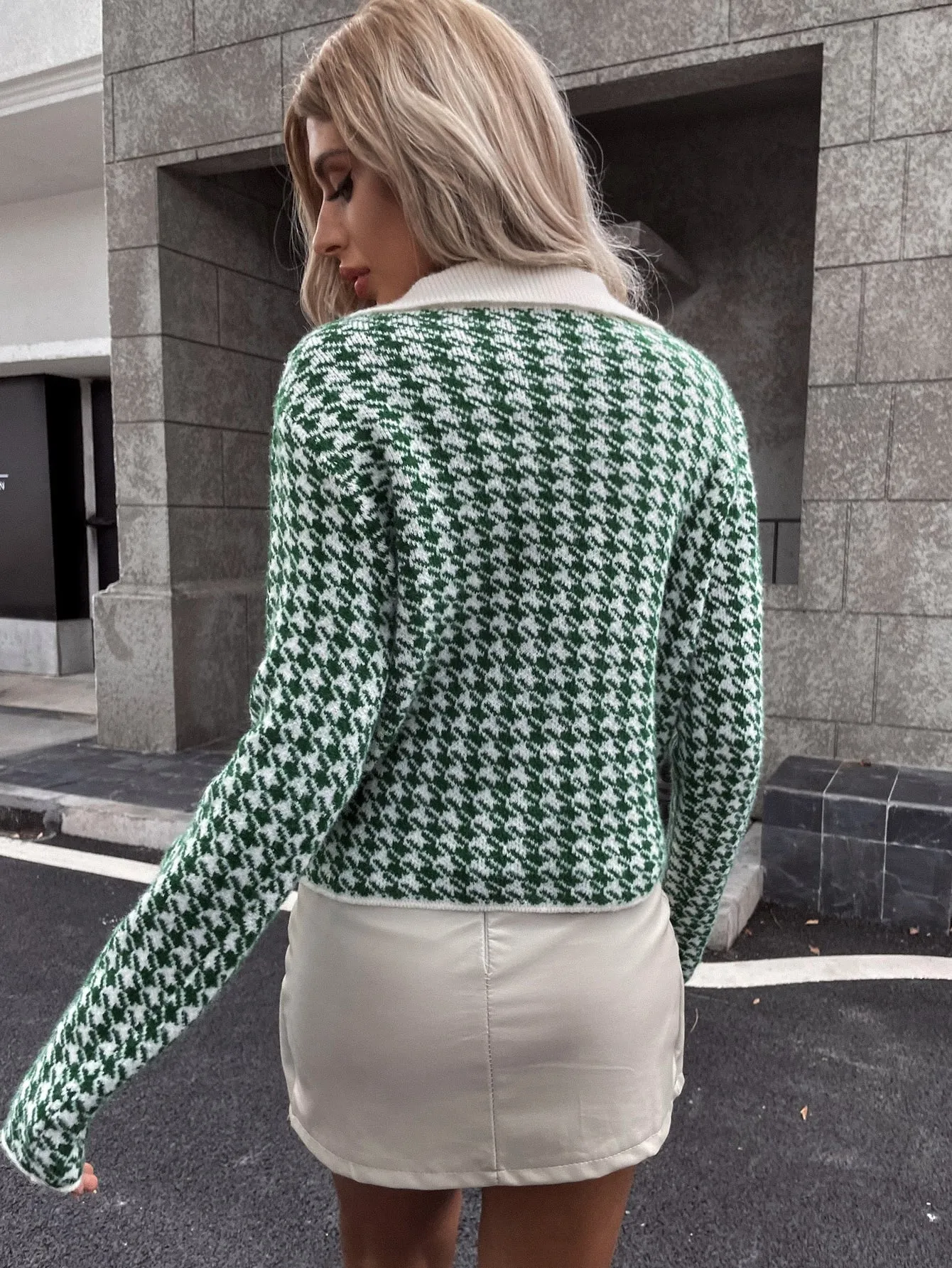 Casual Houndstooth Contrast Collar Long Sleeve Polo Regular Women Sweater