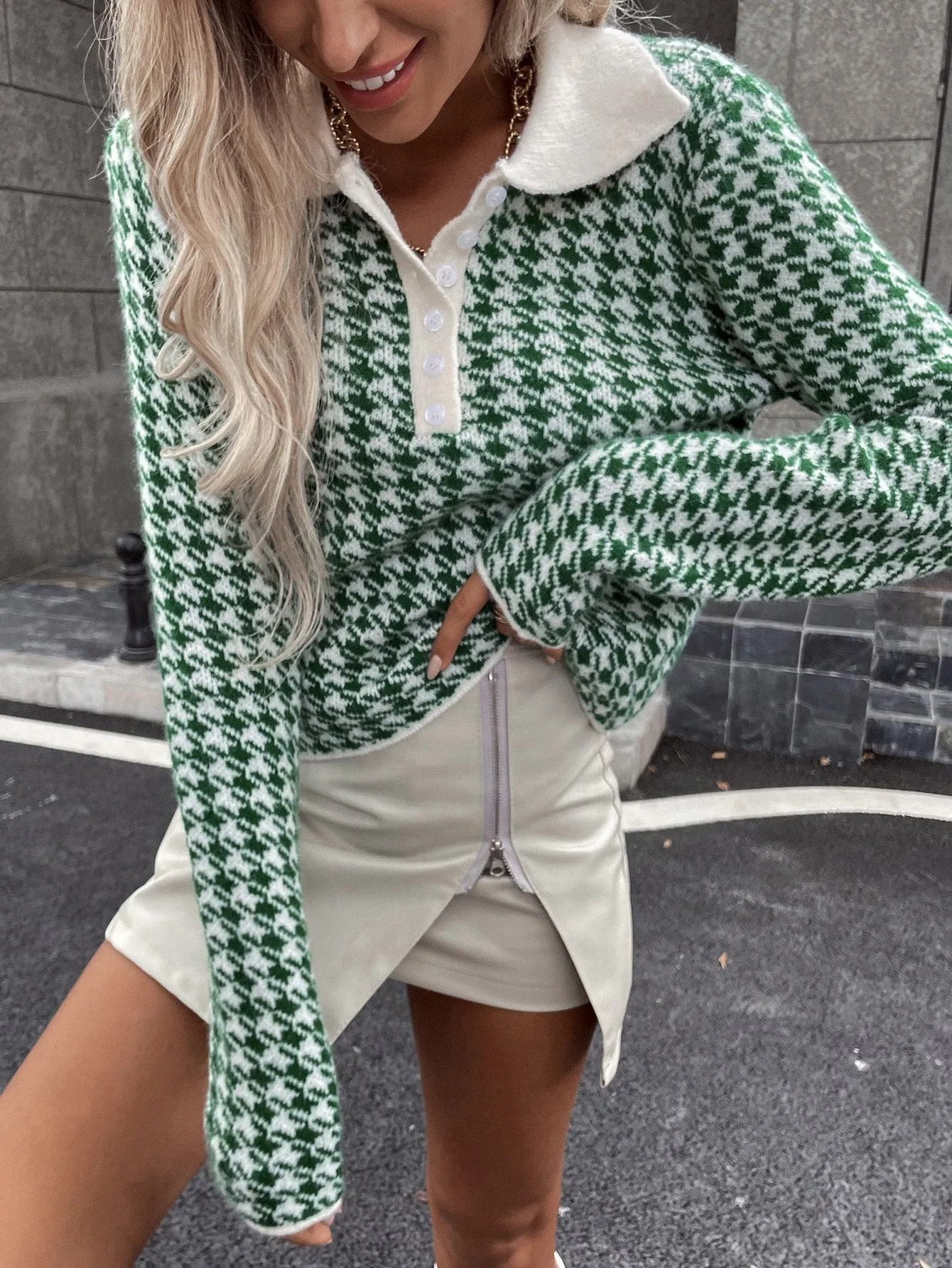 Casual Houndstooth Contrast Collar Long Sleeve Polo Regular Women Sweater