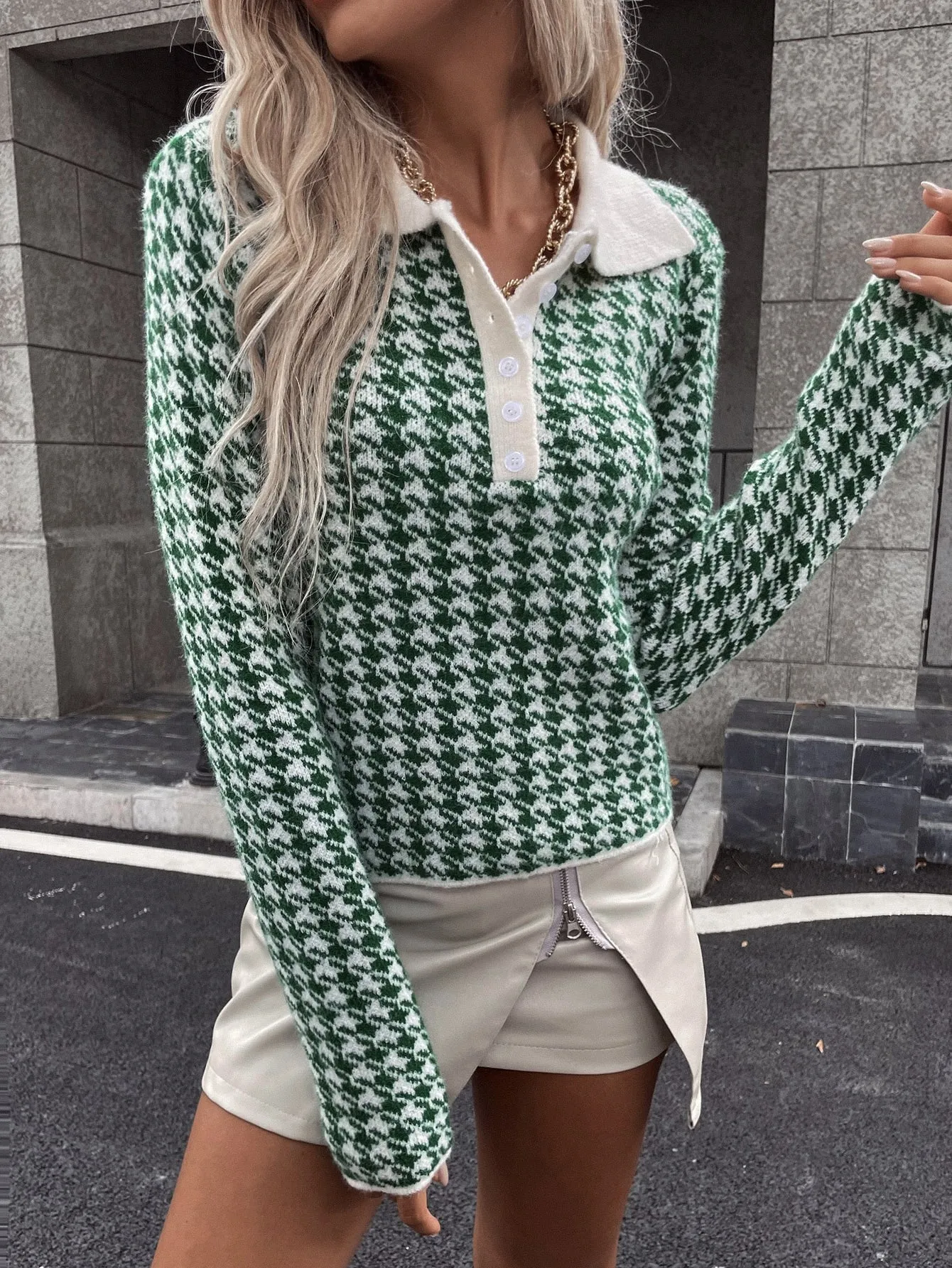 Casual Houndstooth Contrast Collar Long Sleeve Polo Regular Women Sweater