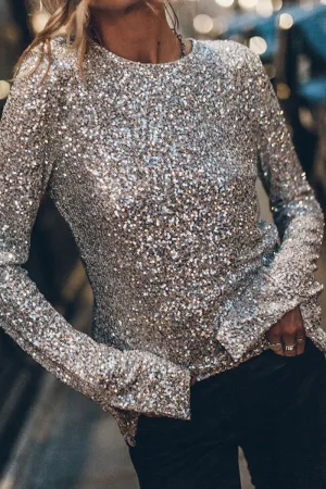 Casual Solid Sequins Sequined O Neck Tops