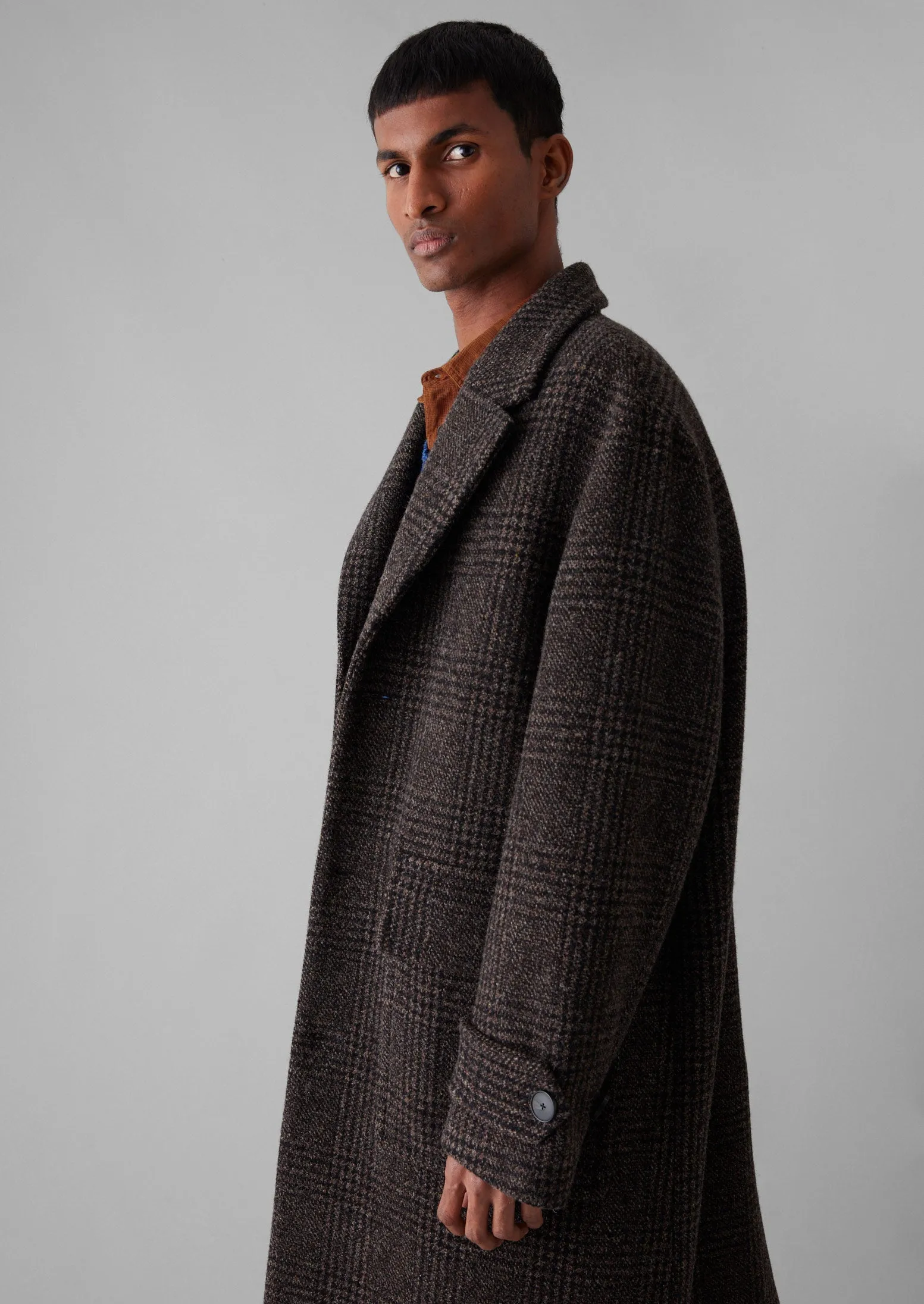 Check Wool Overcoat | Brown Marl