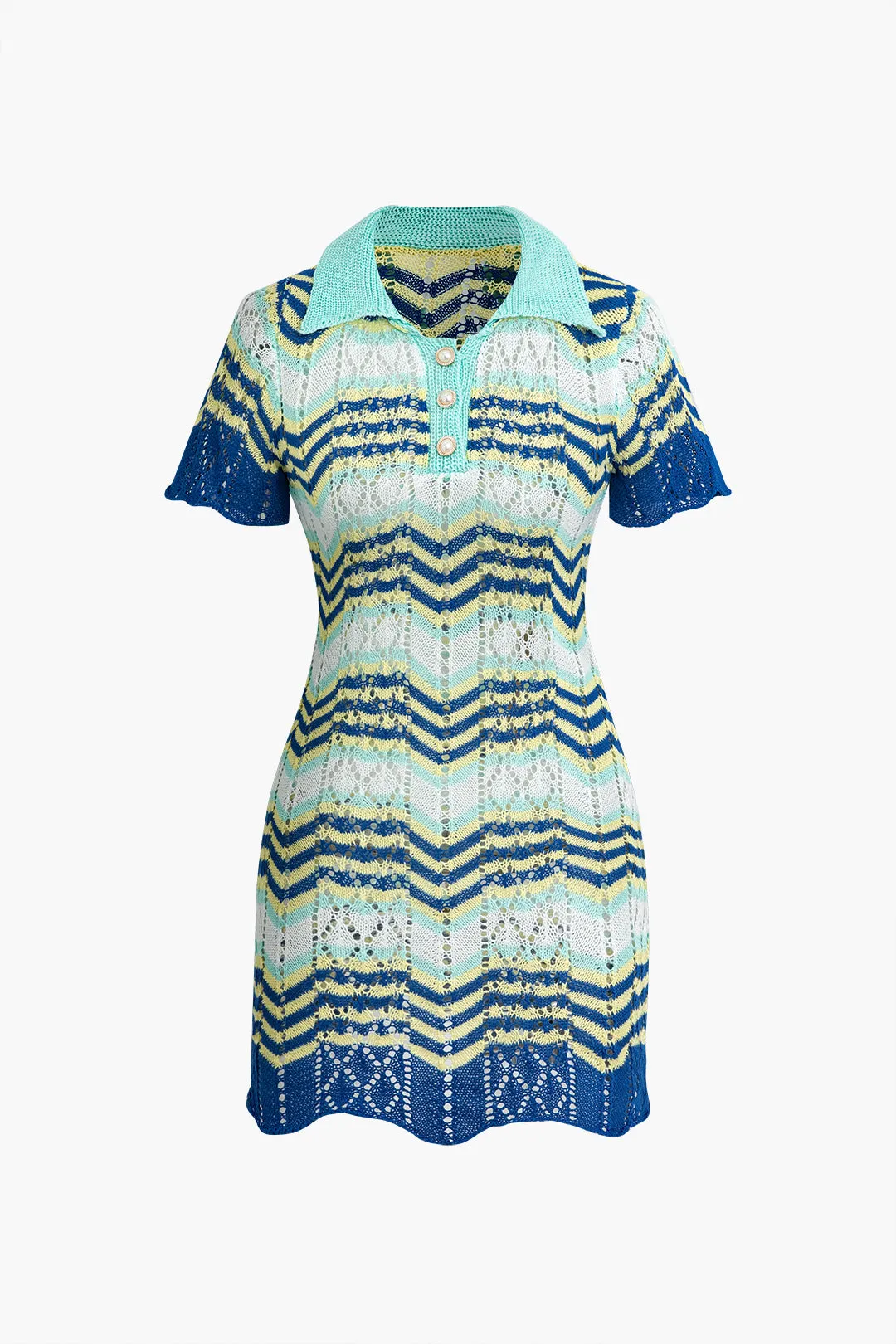 Color Block Crochet Polo Collar Short Sleeve Mini Dress