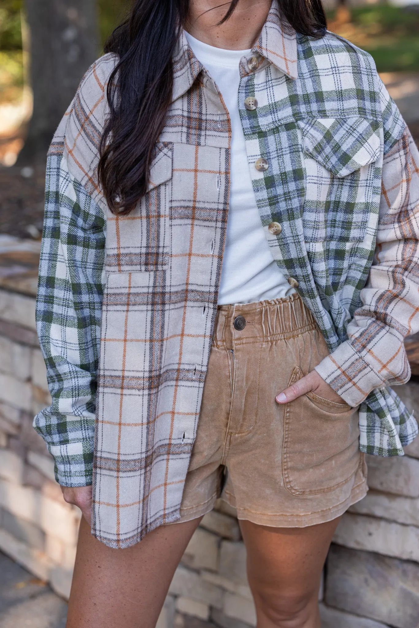 Colorblocked Plaid Olive Flannel Top