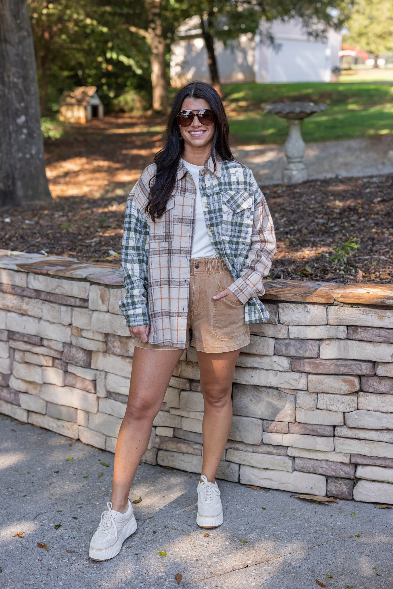 Colorblocked Plaid Olive Flannel Top