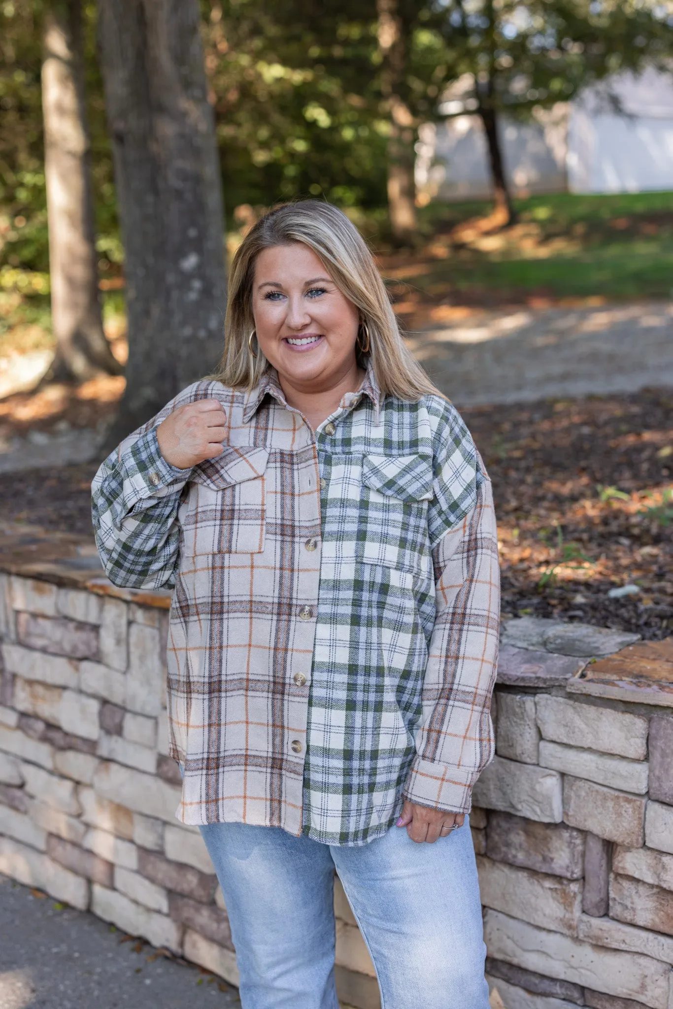 Colorblocked Plaid Olive Flannel Top