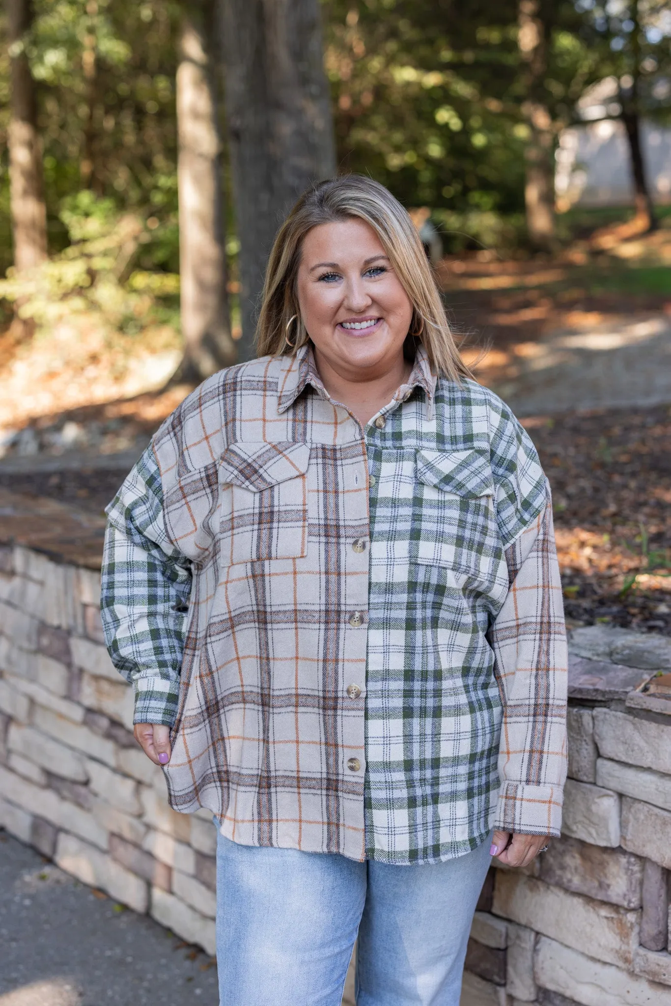 Colorblocked Plaid Olive Flannel Top