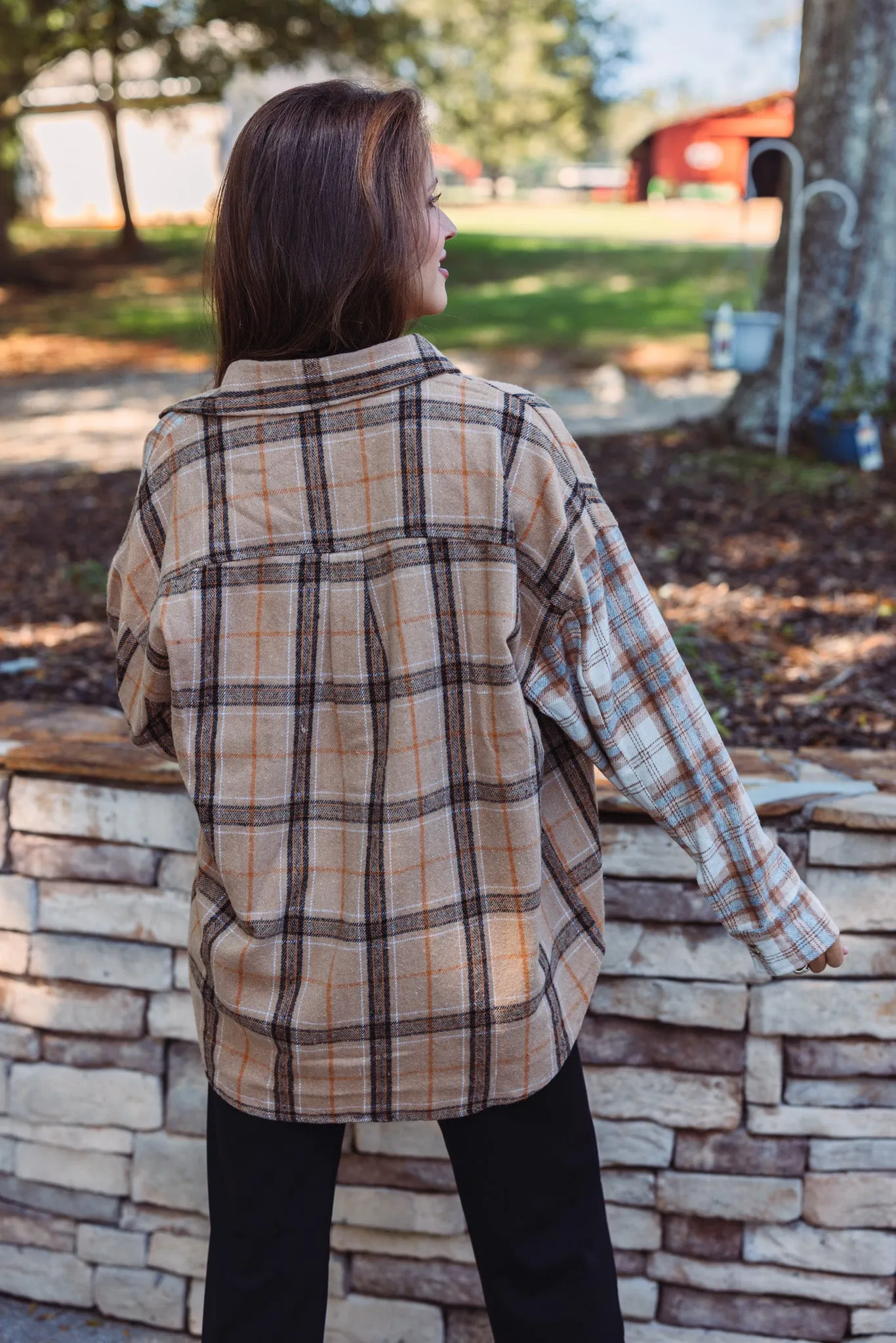 Colorblocked Plaid Taupe Flannel Top