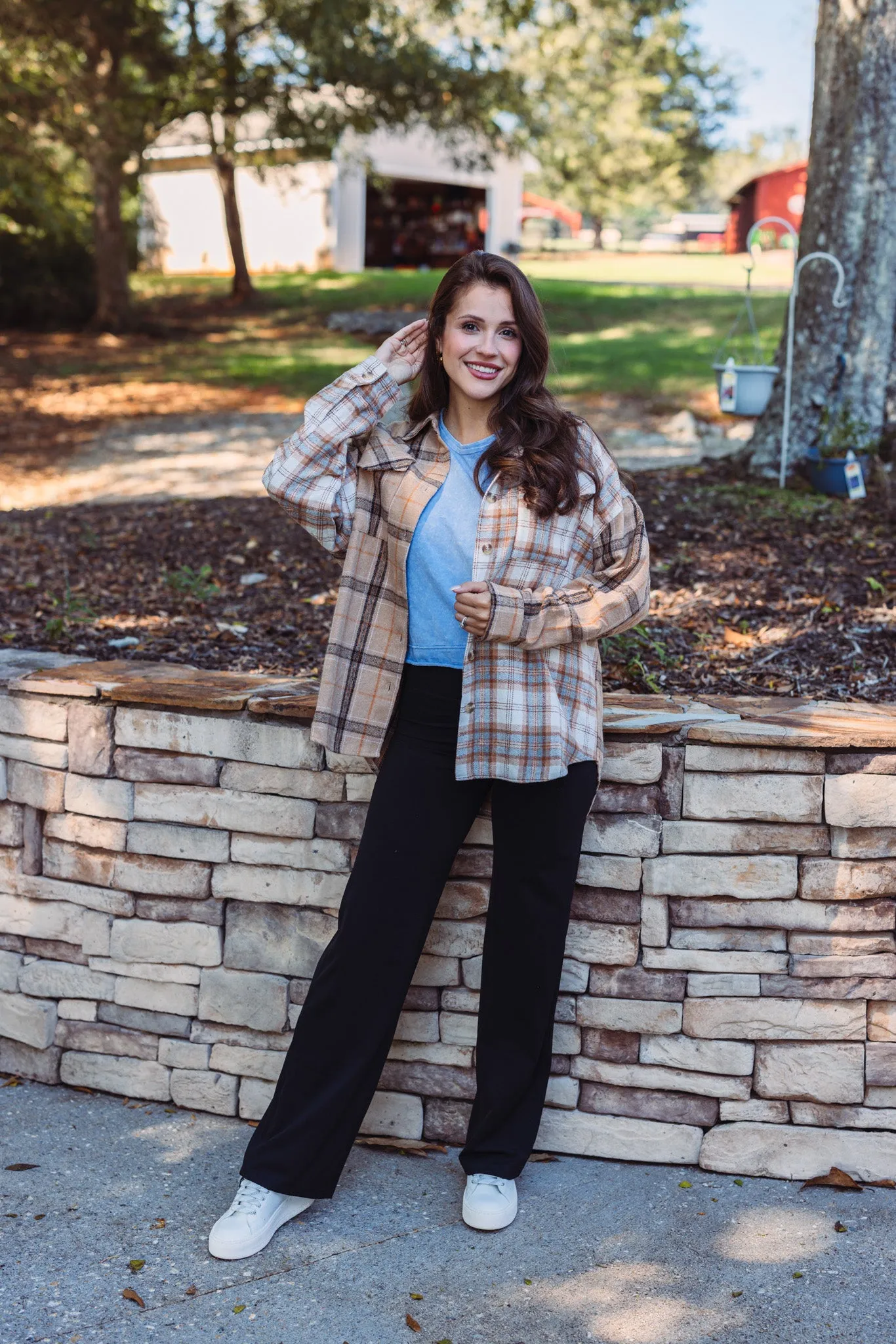 Colorblocked Plaid Taupe Flannel Top