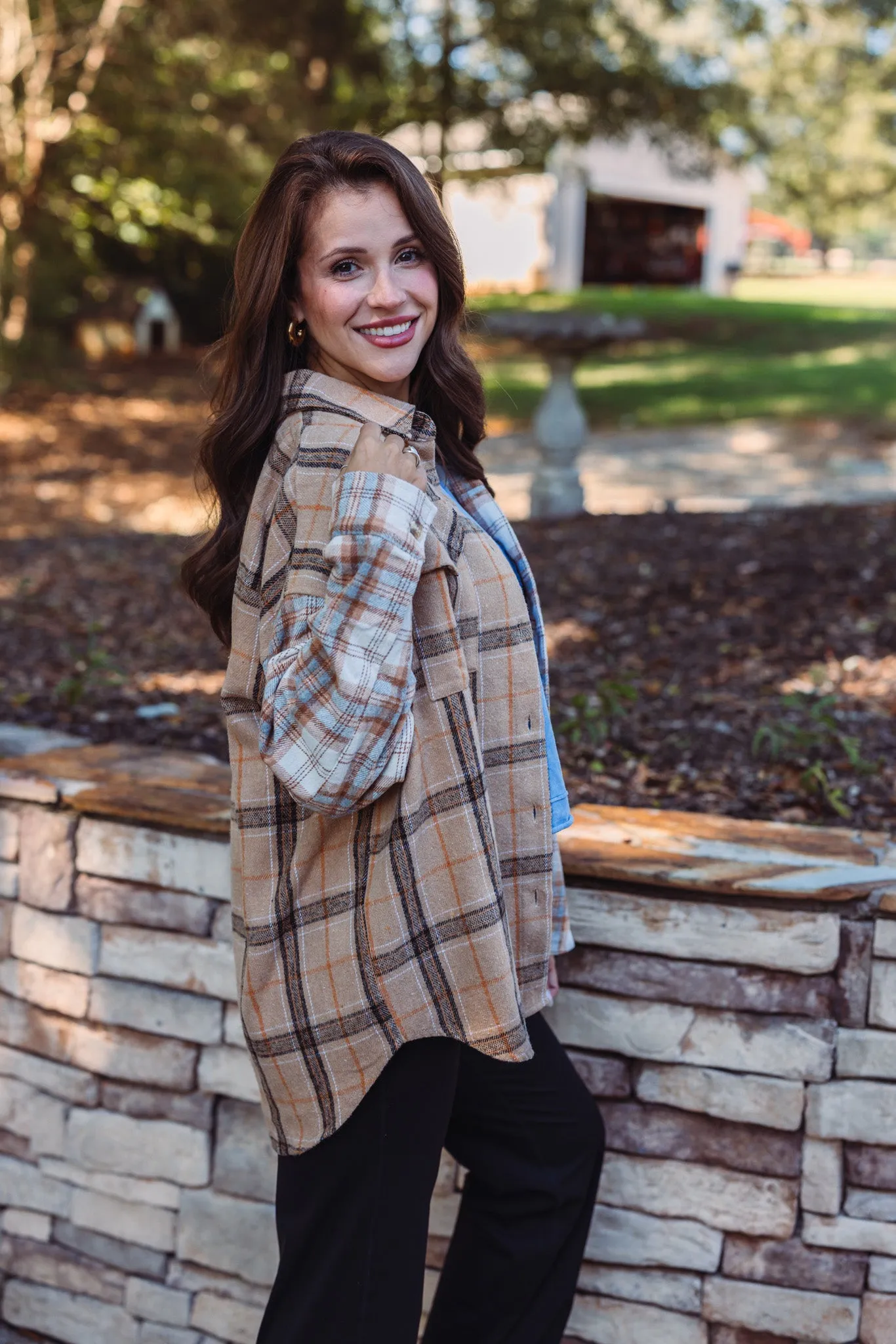 Colorblocked Plaid Taupe Flannel Top