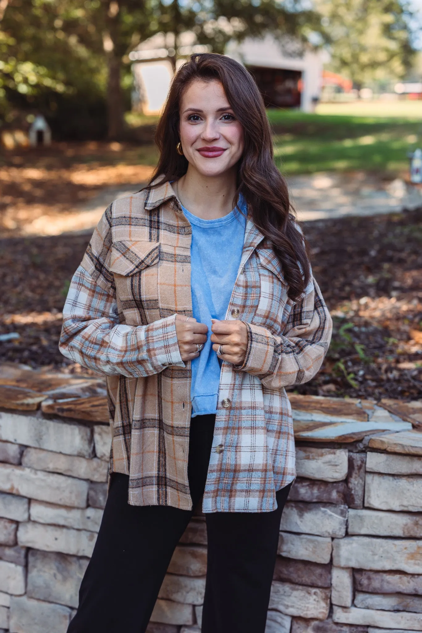 Colorblocked Plaid Taupe Flannel Top