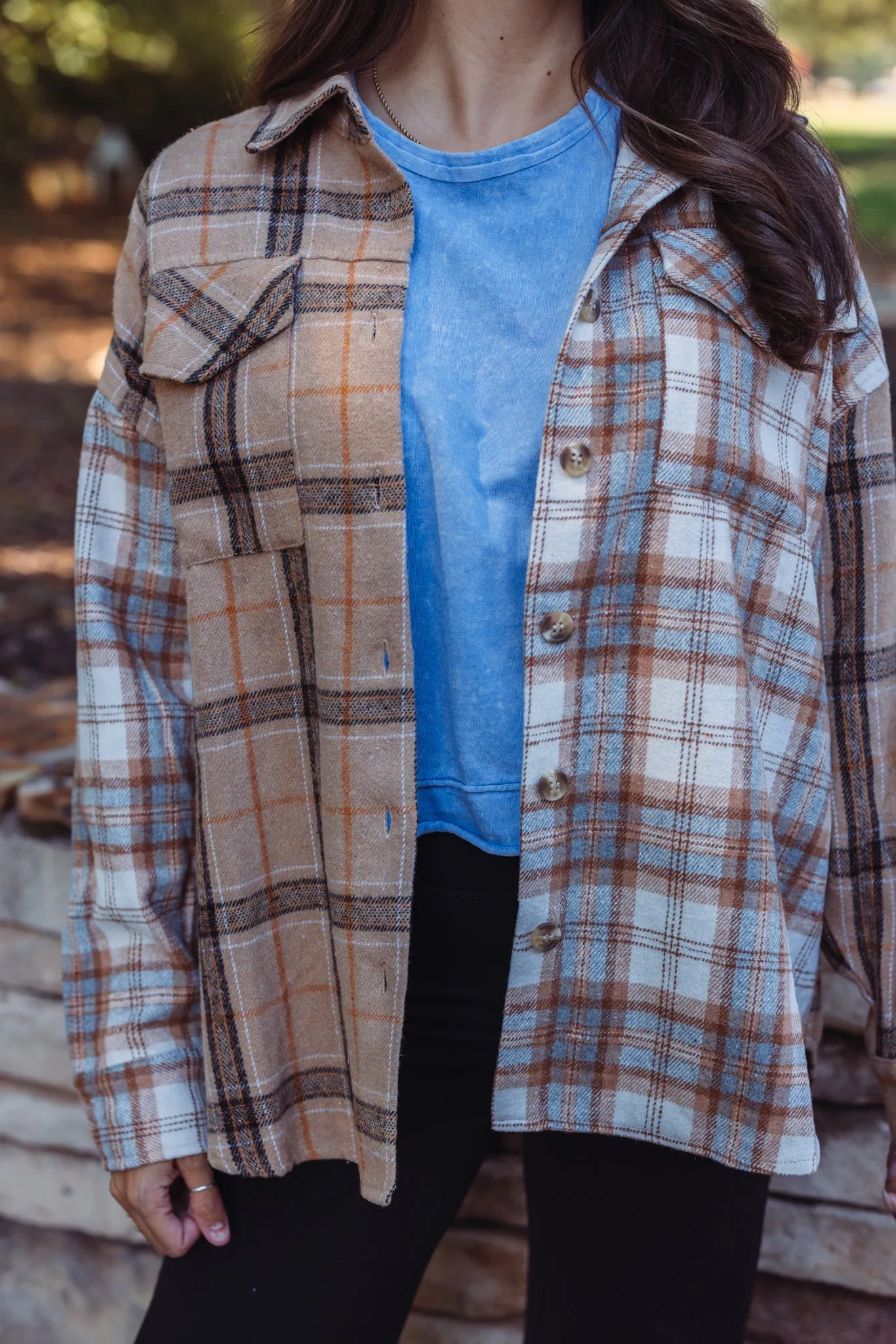 Colorblocked Plaid Taupe Flannel Top