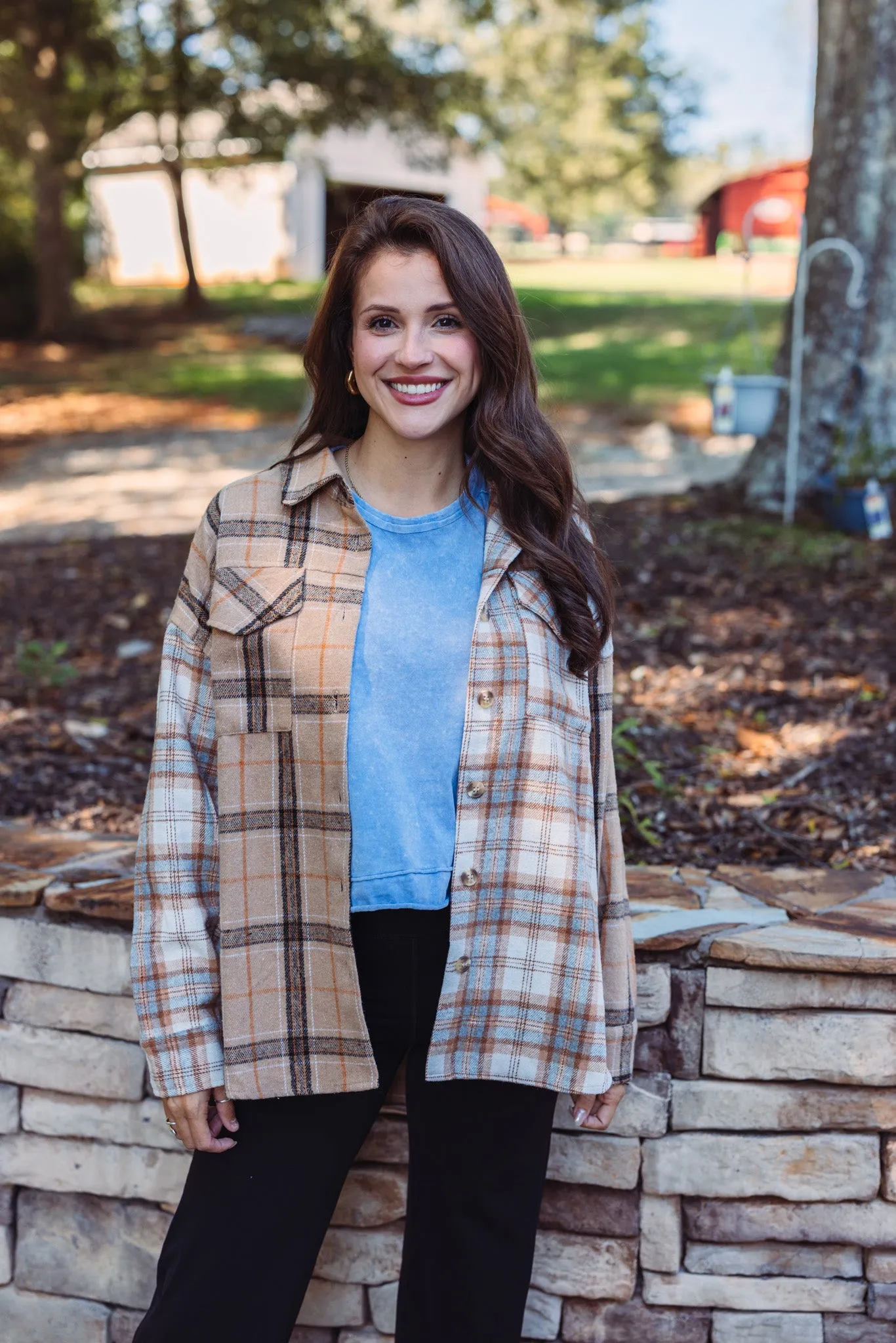 Colorblocked Plaid Taupe Flannel Top