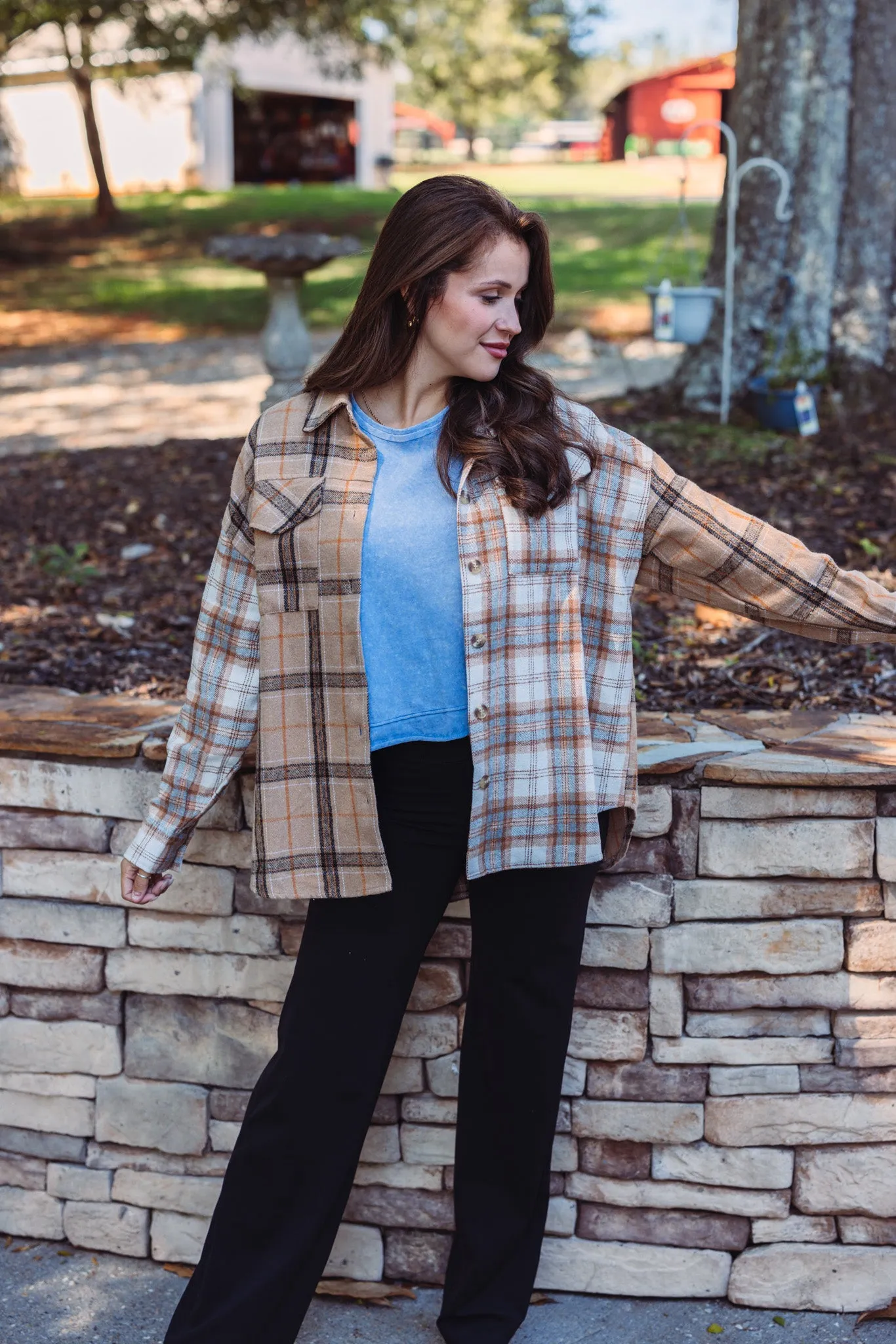 Colorblocked Plaid Taupe Flannel Top