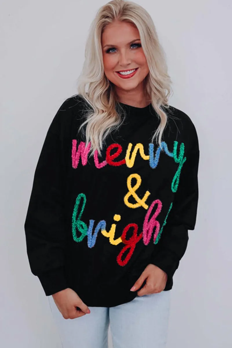 Colorful "Merry & Bright" Tinsel Christmas Graphic Sweater