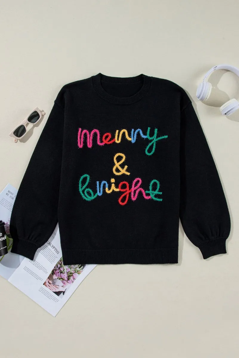 Colorful "Merry & Bright" Tinsel Christmas Graphic Sweater