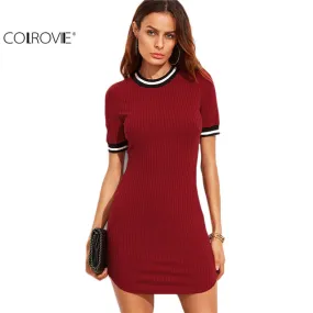 COLROVIE Casual Dresses for Woman Korean Fashion Women Fall Dresses Burgundy Striped Trim Ribbed Knit Bodycon Dress