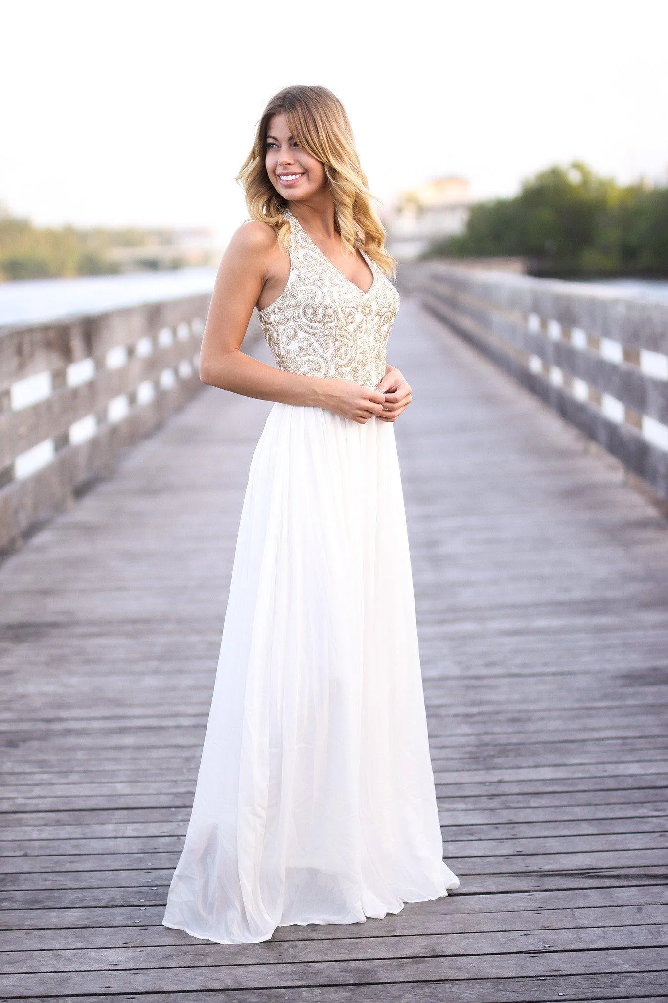 Cream and Gold Halter Neck Maxi Dress