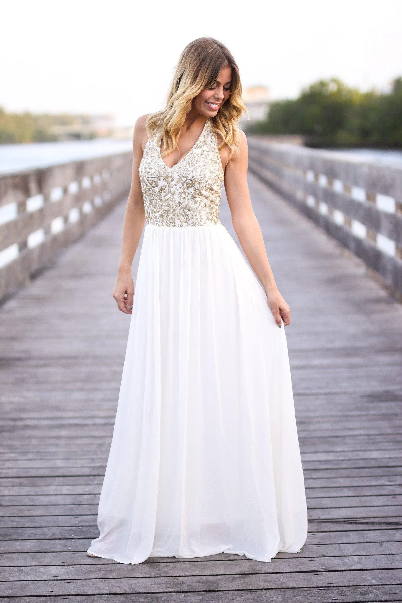 Cream and Gold Halter Neck Maxi Dress