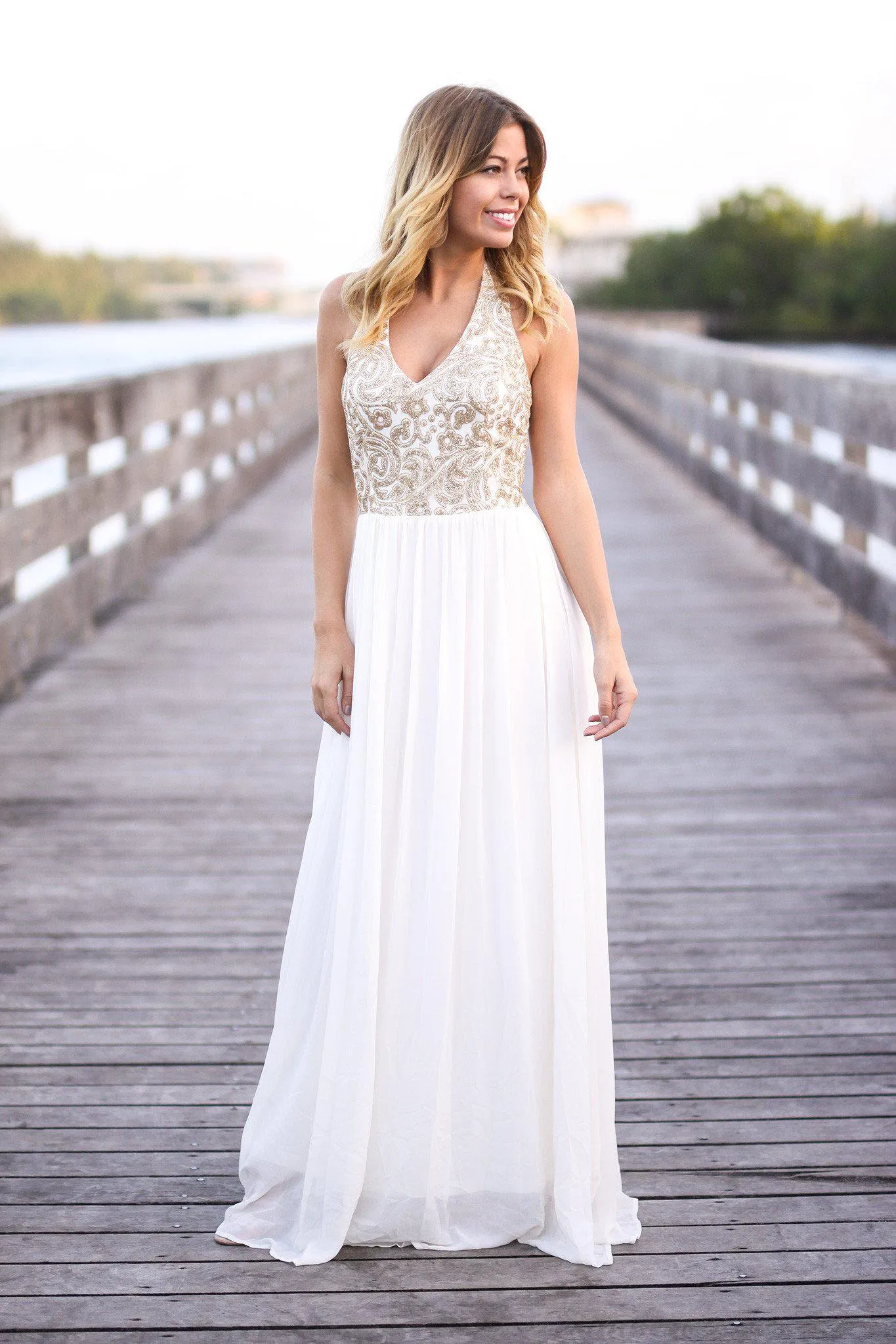 Cream and Gold Halter Neck Maxi Dress