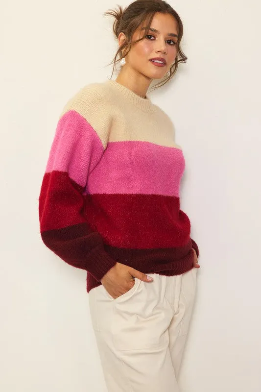 Cream-Berry-Pink Long Sleeve Color Blocked Sweater