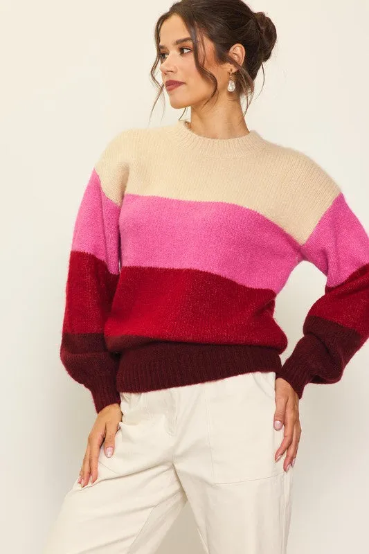 Cream-Berry-Pink Long Sleeve Color Blocked Sweater