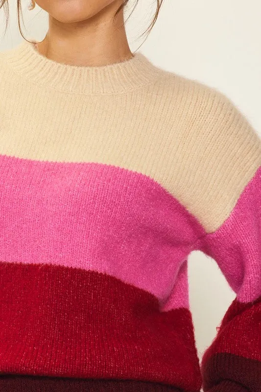 Cream-Berry-Pink Long Sleeve Color Blocked Sweater