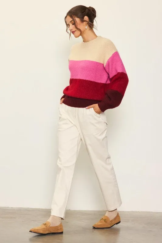 Cream-Berry-Pink Long Sleeve Color Blocked Sweater