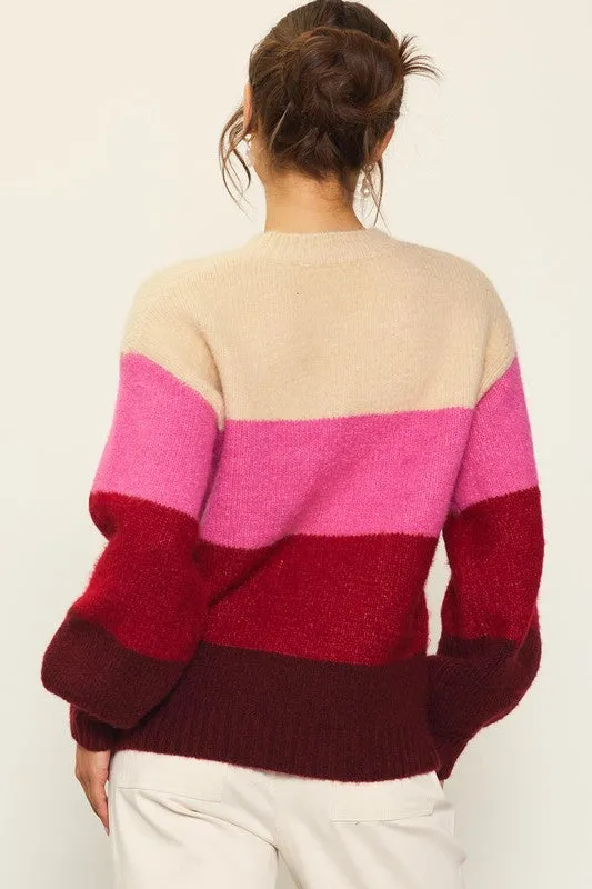 Cream-Berry-Pink Long Sleeve Color Blocked Sweater