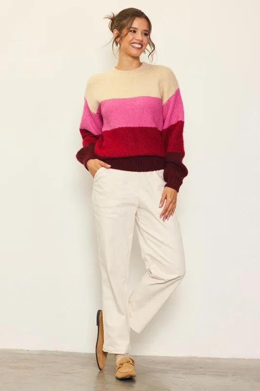 Cream-Berry-Pink Long Sleeve Color Blocked Sweater