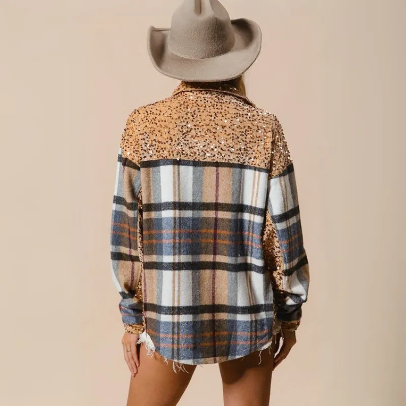 Curved Hem Sequin Plaid Button Up Shacket