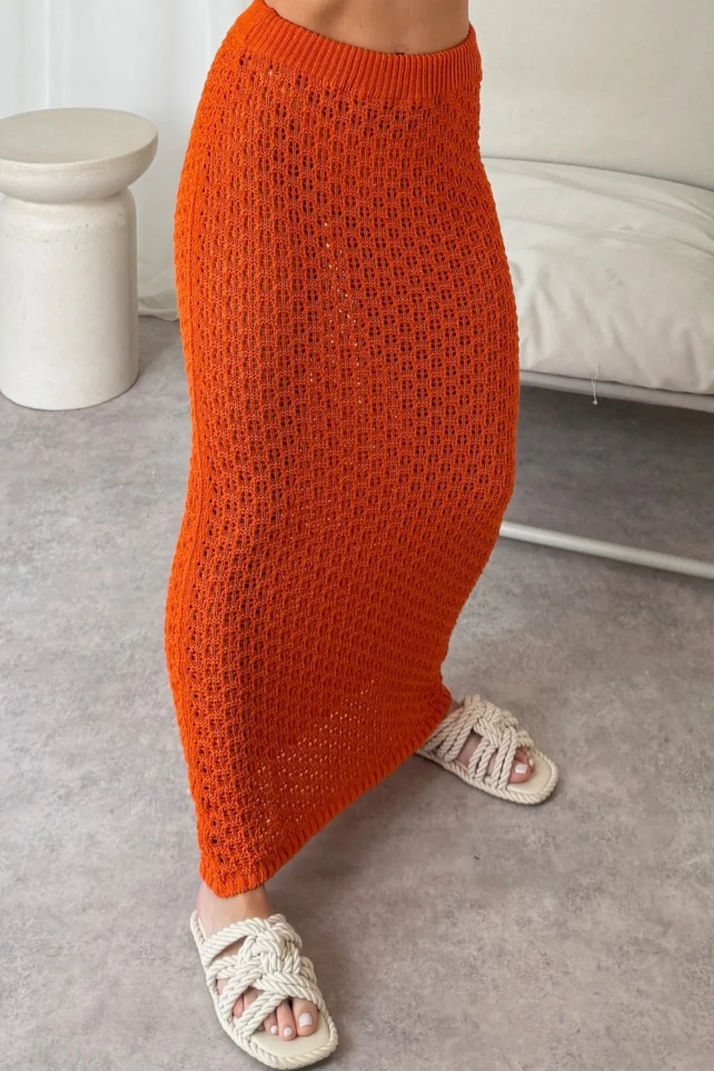 Dalila orange crochet knit maxi skirt