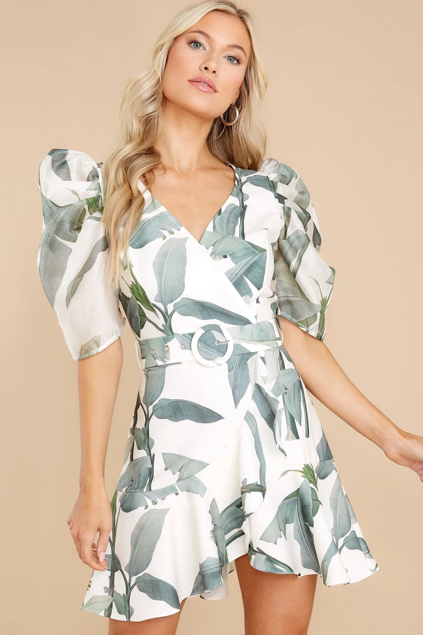 Dancing Under The Palms White And Sage Leaf Print Dress