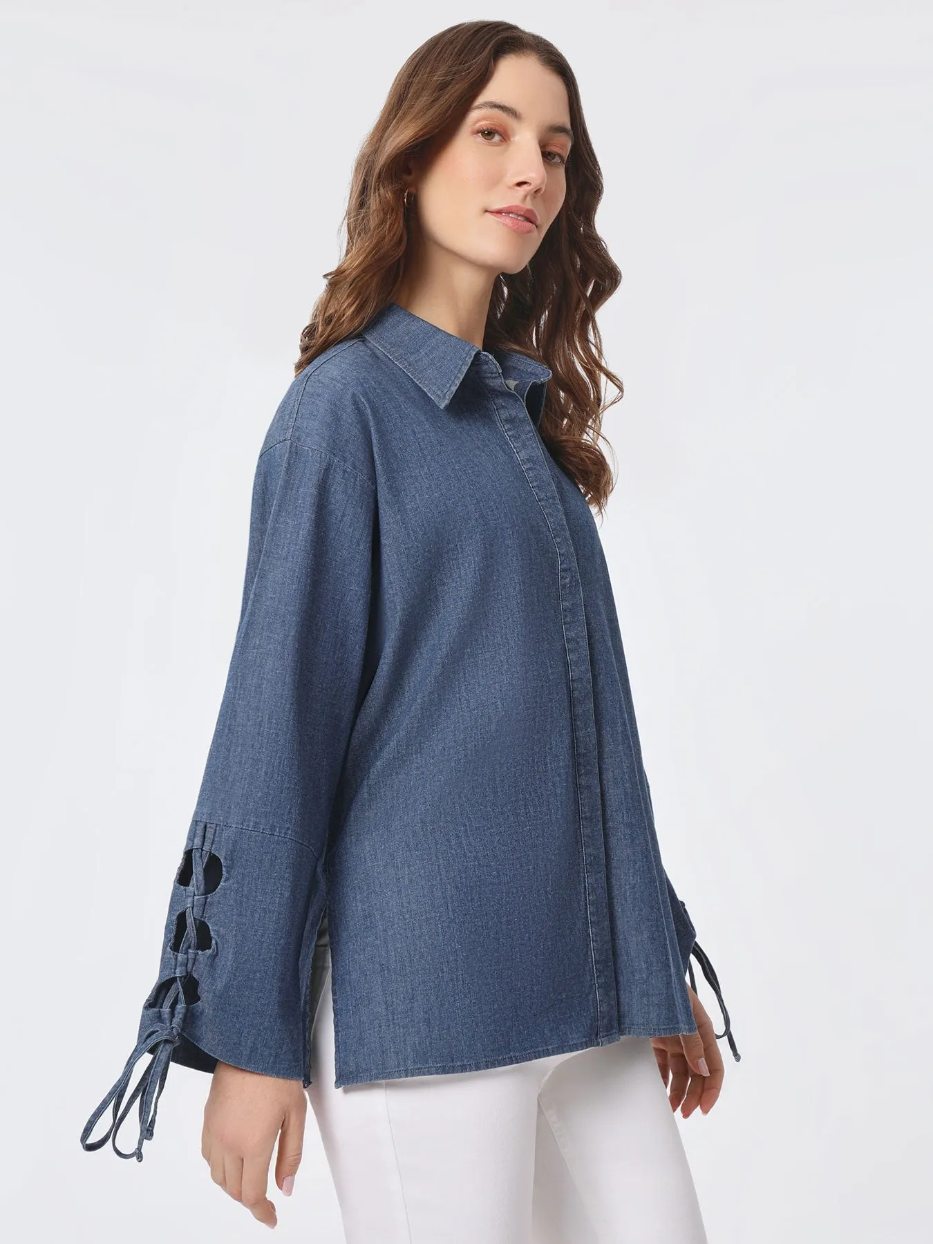 Denim Detail Sleeves Button-Front Shirt