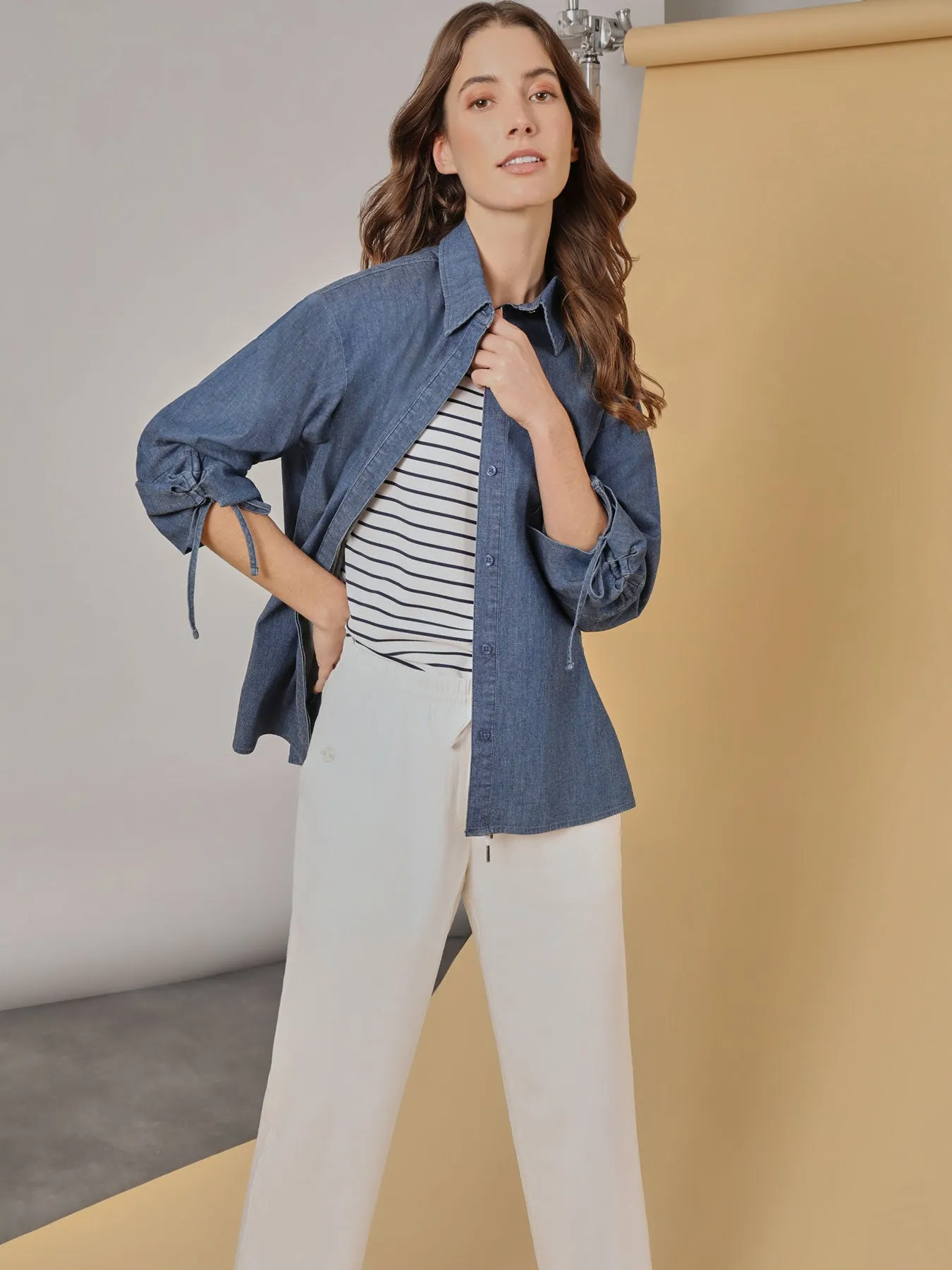 Denim Detail Sleeves Button-Front Shirt