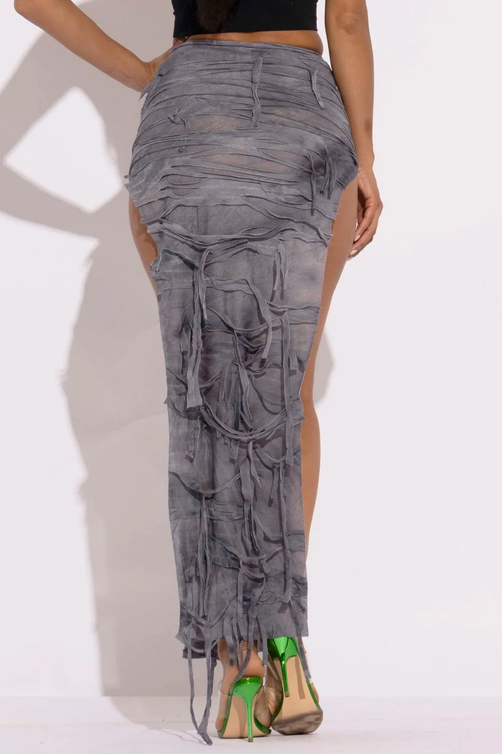 Distressed Thigh Grey Combo Slit Maxi Skirt