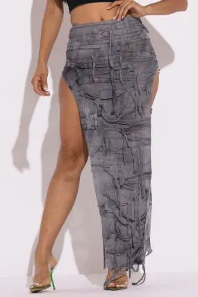 Distressed Thigh Grey Combo Slit Maxi Skirt