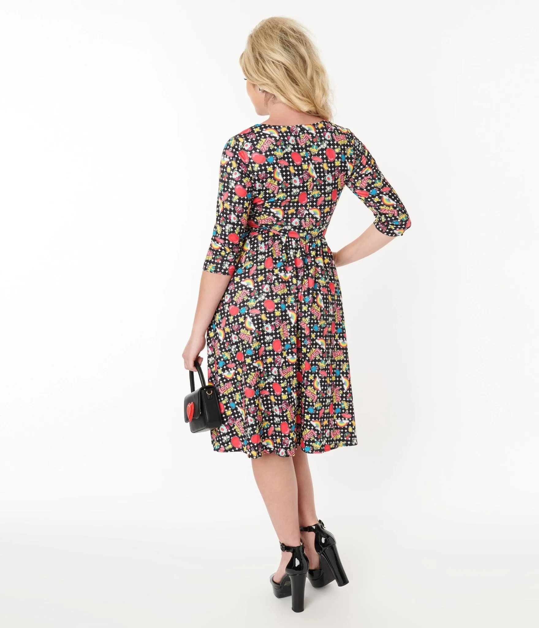 Dolly & Dotty Black & Rainbow Retro Print Flare Dress