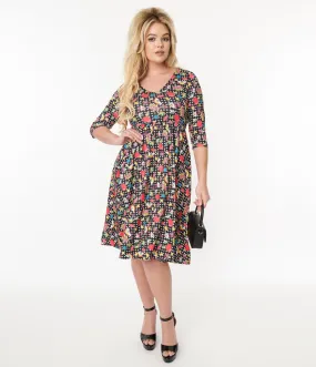 Dolly & Dotty Black & Rainbow Retro Print Flare Dress