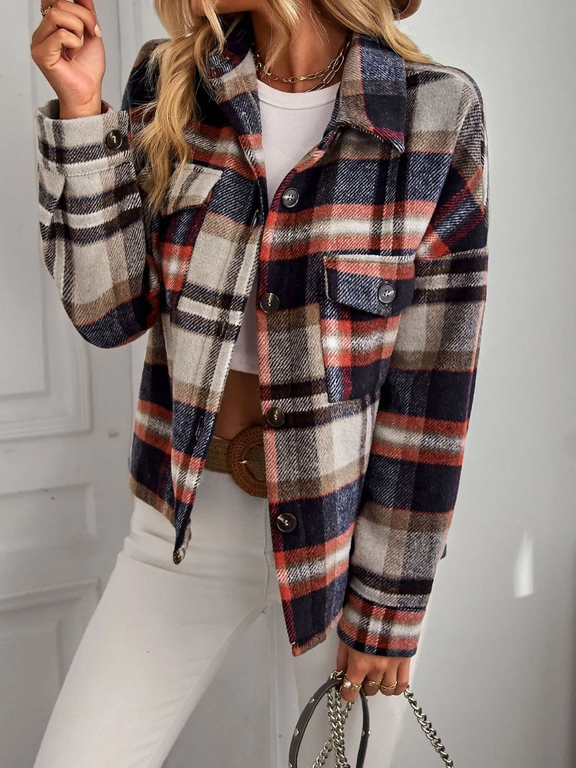 Double Take Plaid Button Front Brushed Shacket with Breast Pockets