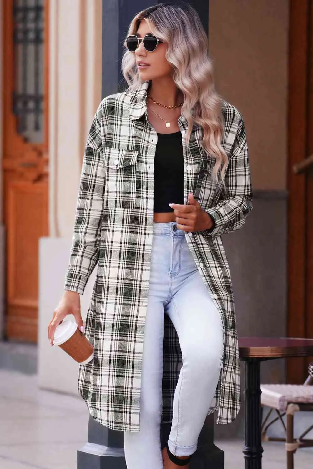 Double Take Plaid Button-Up Longline Shacket with Breast Pockets