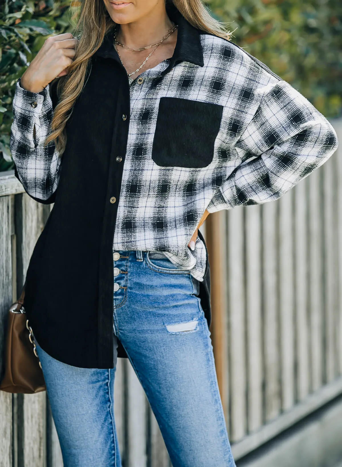 Double Take Plaid Color Block Dropped Shoulder Corduroy Shacket