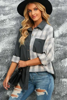 Double Take Plaid Color Block Dropped Shoulder Corduroy Shacket