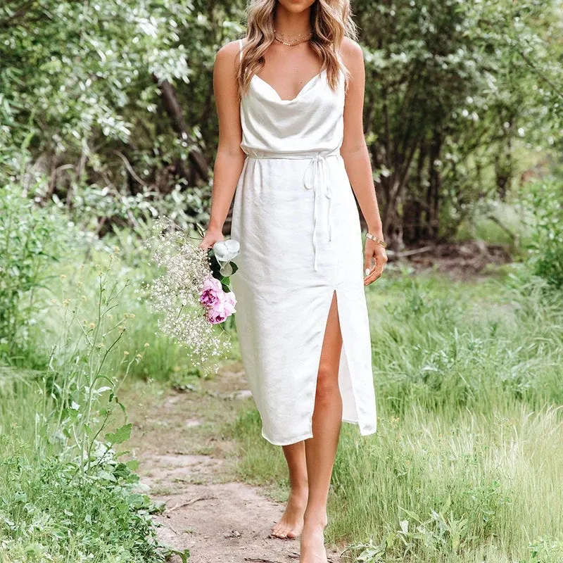 Dunnmall Satin in White Midi Dress