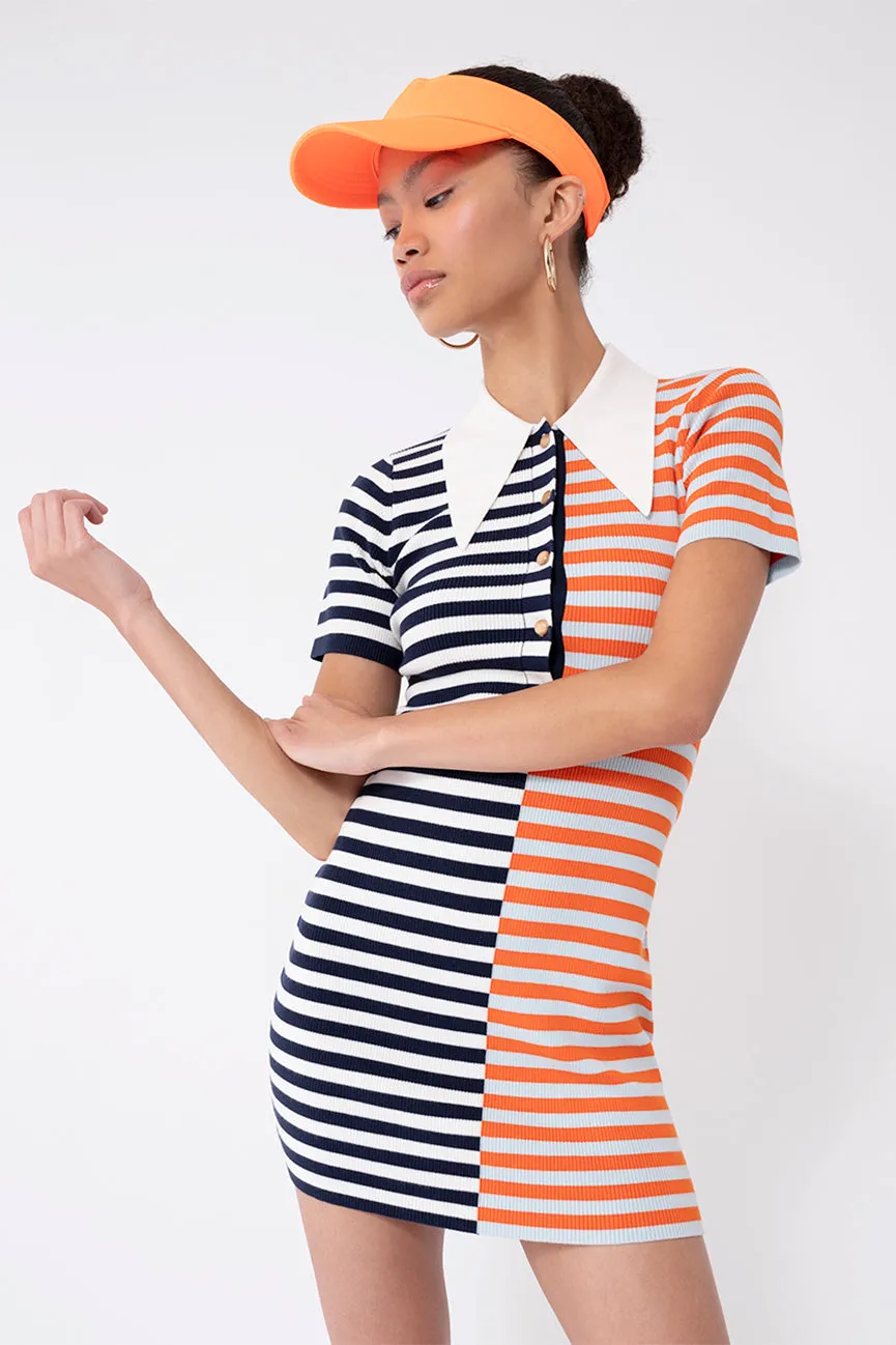 Duo Striped Gloss Short Sleeve Mini Polo Dress