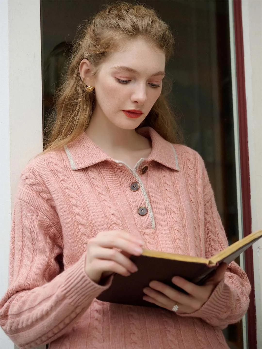 Emilia Polo Collar Cable-Knit Pink 100% Wool Sweater