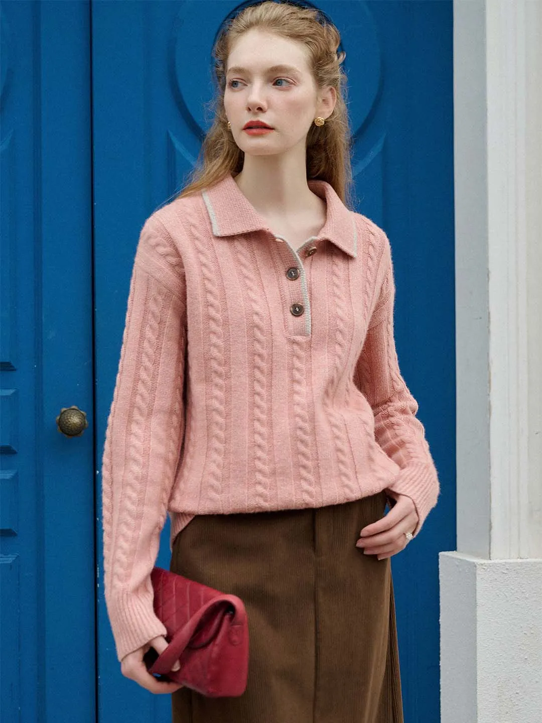 Emilia Polo Collar Cable-Knit Pink 100% Wool Sweater