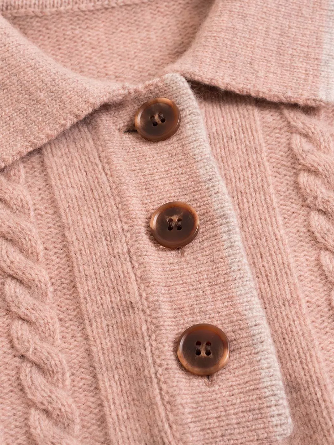 Emilia Polo Collar Cable-Knit Pink 100% Wool Sweater