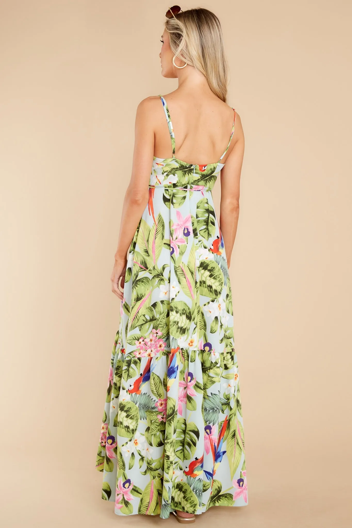 Exotic Getaway Sage Multi Tropical Print Maxi Dress