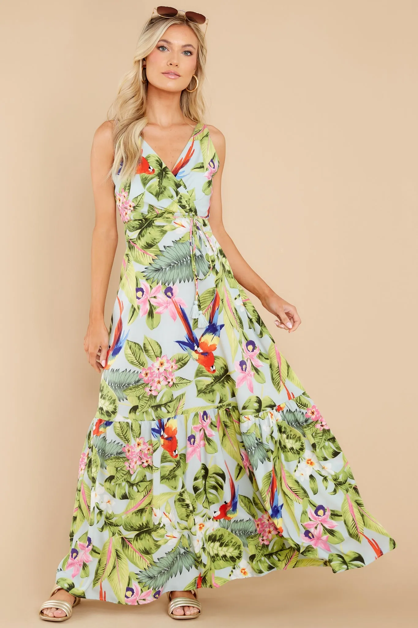 Exotic Getaway Sage Multi Tropical Print Maxi Dress